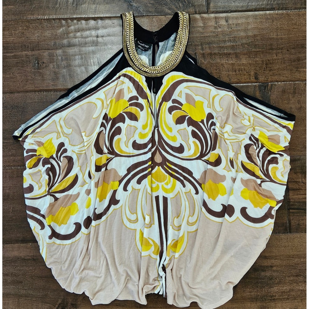 Y2K Club Scene Yellow Brown Abstract Floral Halter Top Gold Chain Embellished L
